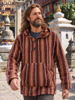 Wholesale Baja style pullover hoodie in an orange and red vertical stripe pattern, featuring two wooden buttons and a front kangaroo pocket.