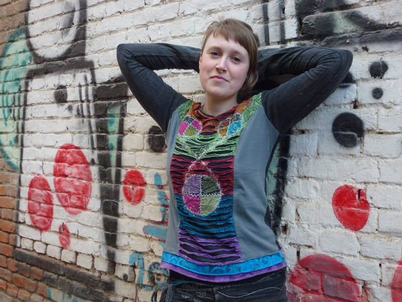 Model wearing a hippie winter top