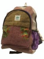 Hippie style hemp backpack from Thamel in Kathmandu, Nepal. Earthy colours and embroidered patches with numerous pockets.