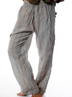 Wholesale hippie striped kurtha cargo pants handmade in Nepal featuring a blue and grey woven stripe pattern, straight-leg fit, and side utility cargo pockets.
