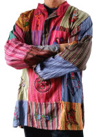 Wholesale printed patchwork kurtha shirt handmade in Nepal featuring multicoloured striped cotton panels, hand-printed ethnic symbols, and a three-button grandad collar.