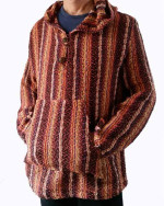 Wholesale Baja style pullover hoodie in an orange and red vertical stripe pattern, featuring two wooden buttons and a front kangaroo pocket.