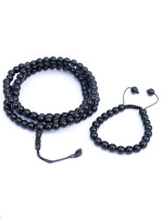 Black Onyx Stone Mala Bead Set with 108-bead Necklace and Matching Wrist Mala, Handcrafted in Nepal by Himalayan Handmades International.