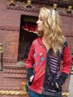 Cut work zip hippie hoodie with overlay flower design