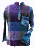 Wholesale hand-printed patchwork kurtha shirt in blue and purple tones, handmade in Nepal featuring block-printed sun and ethnic motifs on 100% cotton fabric.