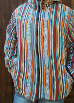 Wholesale fleece-lined Gheri cotton jacket for men, handmade in Nepal featuring a multicoloured hand-loomed vertical stripe pattern, full-zip front, and hood.