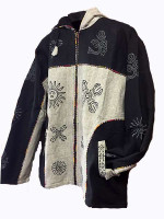 Wholesale Tibetan style hippie jacket in black and grey cotton, handmade in Nepal with hand-printed Om and sun symbols, featuring a full zipper and warm fleece lining.