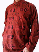 Wholesale Aum printed cotton kurtha shirt in rust red, handmade in Nepal with black hand-printed Om symbols, wooden buttons, and a grandad collar.