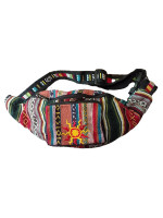 Woven cotton hippie style moon bag with an embroidered sun motif on the front pocket