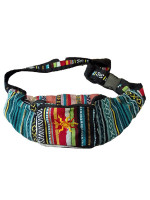 Woven cotton hippie style moon bag with an embroidered sun motif on the front pocket