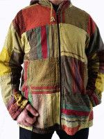 Wholesale fleece-lined patchwork hippie jacket handmade in Nepal featuring a multicoloured hand-stitched cotton exterior, full-zip front, and drawstring hood.