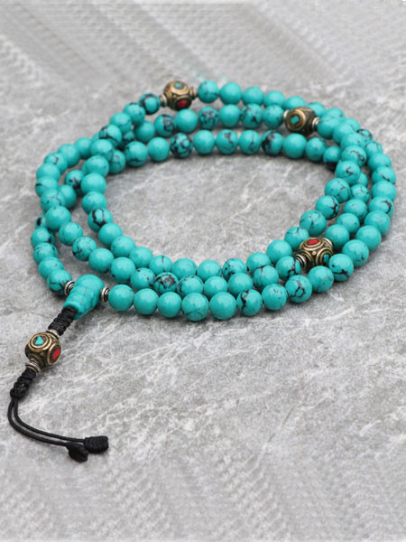 Turquoise Stone Japa Mala with Inlaid Brass Bead