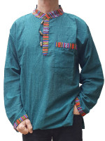 Wholesale grandad cotton shirt in teal green, handmade in Nepal featuring traditional multicoloured Bhutan woven trim on the collar, placket, pocket, and cuffs.
