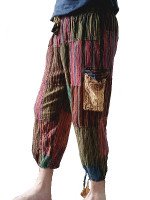 Wholesale men's 3/4 length striped patchwork cargo pants from Nepal featuring a multi-color block design, side utility pockets, and adjustable drawstring calf cuffs.