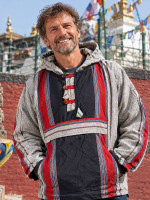 Wholesale Sharma cotton pullover hoodie handmade in Nepal with black, grey, and red woven panels, toggle fastenings, a hood, and front pouch pocket.