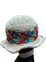 A hippie, bohemian style wide brimmed sun hat. Made from a mix of hemp, cotton and wool