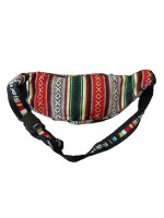 Woven cotton hippie style moon bag with an embroidered sun motif on the front pocket