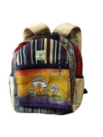 Handcrafted Himalayan hemp backpack with a colorful mushroom design, made in Nepal and available at wholesale prices.