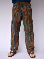 Wholesale Nepalese striped cargo kurtha pants handmade in Nepal featuring multicoloured vertical stripes, functional side cargo pockets, and a relaxed straight-leg fit.