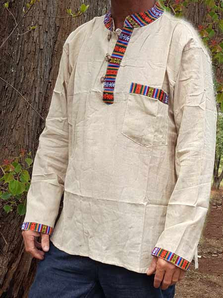 Cotton Grandad Shirt with Bhutan Trim