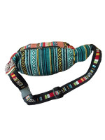 Woven cotton hippie style moon bag with an embroidered sun motif on the front pocket