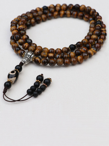 Tibetan Mantra Tiger Eye Stone Prayer Mala With Dzi Bead
