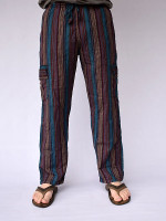 Wholesale hippie cotton kurtha cargo pants handmade in Nepal featuring a multi-colour woven stripe pattern, straight-leg fit and side utility pockets.