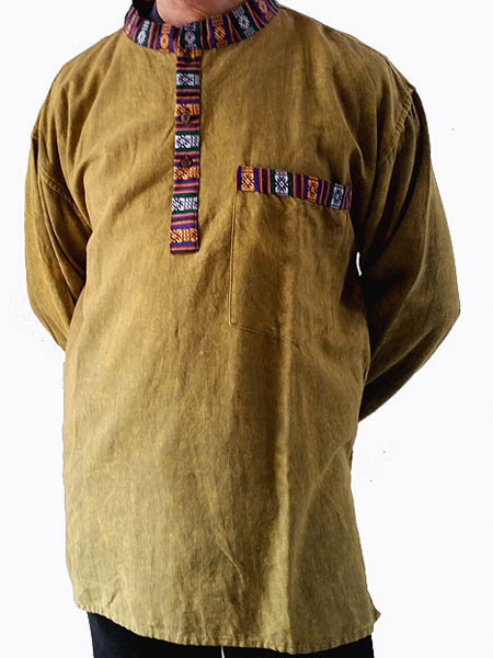 Collarless Cotton Shirt with Bhutan Trim