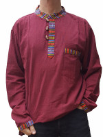 Wholesale collarless grandad cotton shirt handmade in Nepal featuring traditional multicoloured Bhutan woven trim on the neckline, placket, and cuffs.