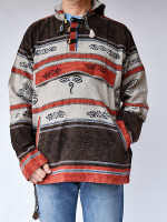 Wholesale ethno-print Sharma cotton hoodie in earthy tones, featuring hand-printed Buddha eyes and Ganesha symbols, wooden buttons, and a drawstring hood.
