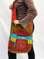 Mutlicolour patchwork Nepali cotton hobo bag with peace sign