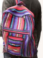 Hand woven Himalayan backpack made by a Tibetan family. Stripe ethnic geri cotton made on looms.