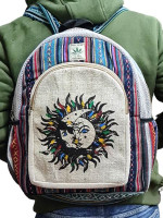 Pure hemp backpack made with a mix of woven cotton and featuring a colourful sun and moon motif