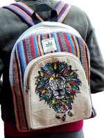 Pure hemp backpack made with a mix of woven cotton with a colourful lion motif
