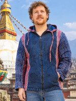 Wholesale stonewashed Sharma cotton hooded jacket handmade in Nepal with printed motifs, striped panels, full-zip front, and drawstring hood.