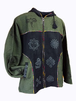 Wholesale fleece-lined hippie jacket in olive green and black, featuring hand-block printed spiritual symbols, woven cotton trim, and a full-zip front.