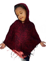 Wholesale kids' hooded poncho in a dark maroon cotton and acrylic blend, handmade in Nepal with traditional fringe detailing for bohemian children's fashion.