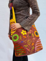 Hippie boho cross body bag with patch flowers and razor cutwork