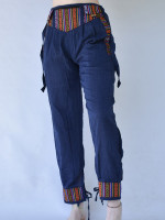 Cotton hippie pants handcrafted in Nepal with colourful Bhutan cotton trim, elasticated back waist, and side pockets