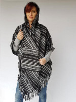 Black and white womans hippie poncho, hand woven in Nepal